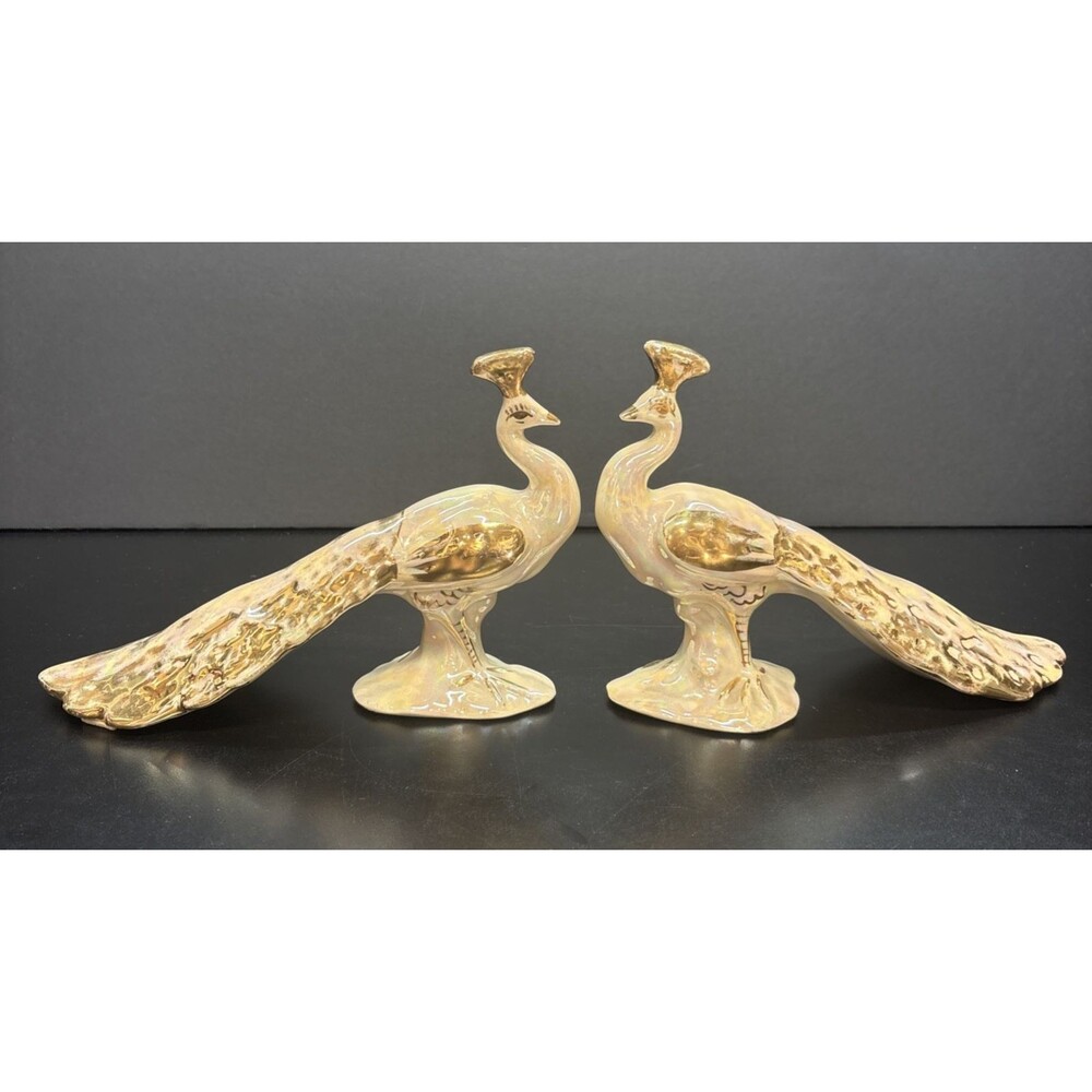 Regal Bel-Air Pottery USA Gold Lusterware  Peacock Set of 2